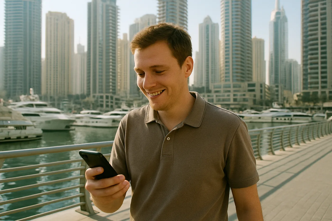 A smiling young man reading a job alert on the Dubai Marina waterfront